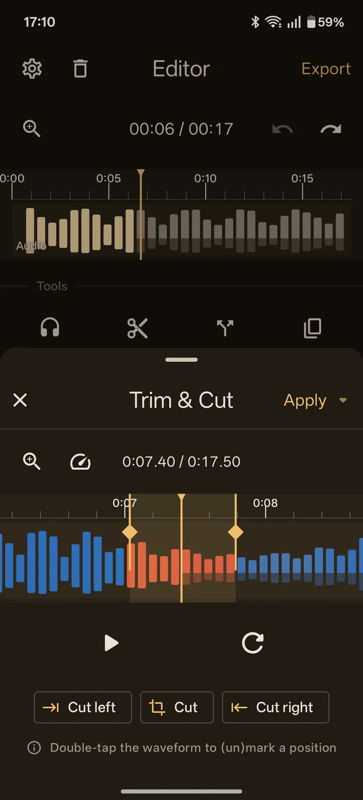 Trim & Cut in ZEEP with marks on the waveform