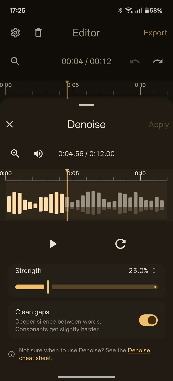 Denoise in ZEEP with the Strength slider and Clean gaps switch
