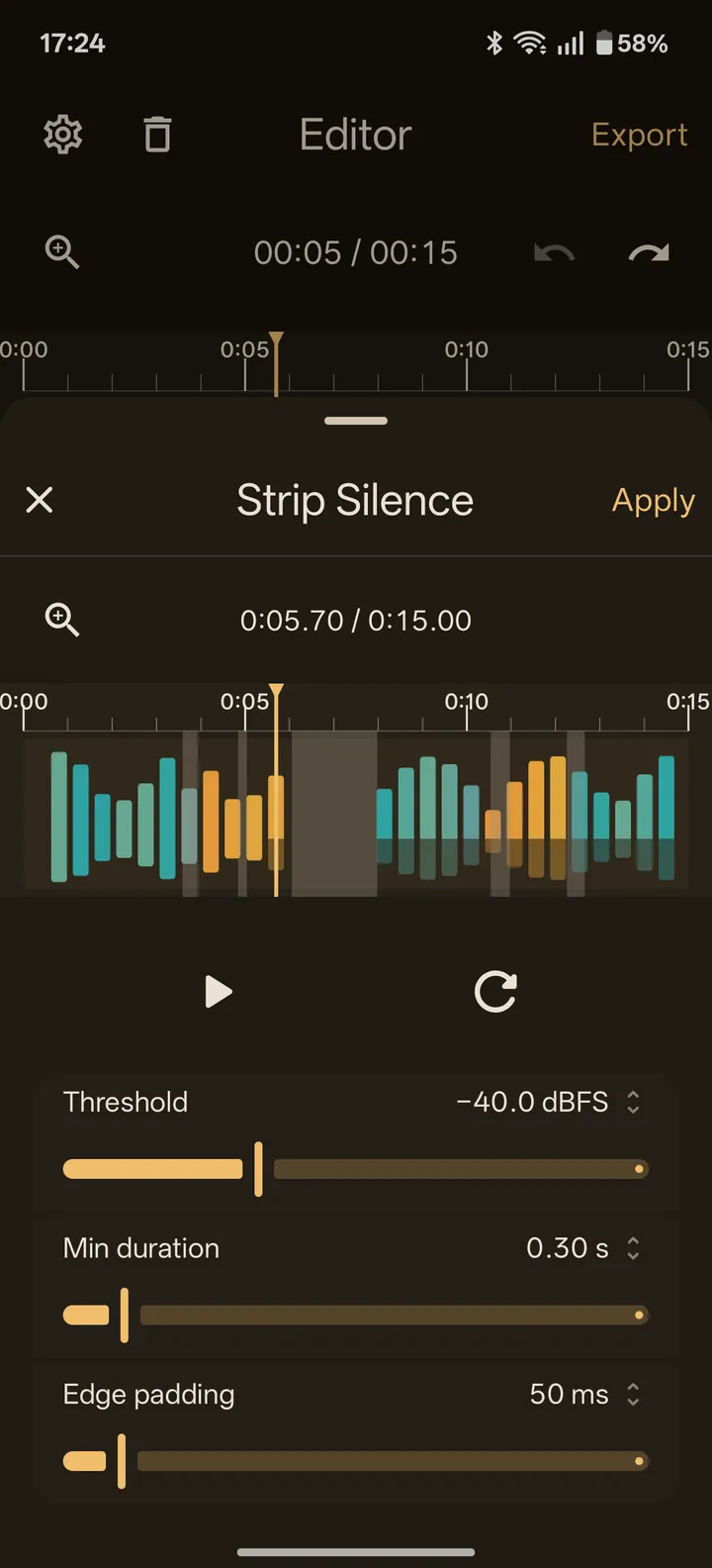 Strip Silence in ZEEP with the pauses shaded on the waveform
