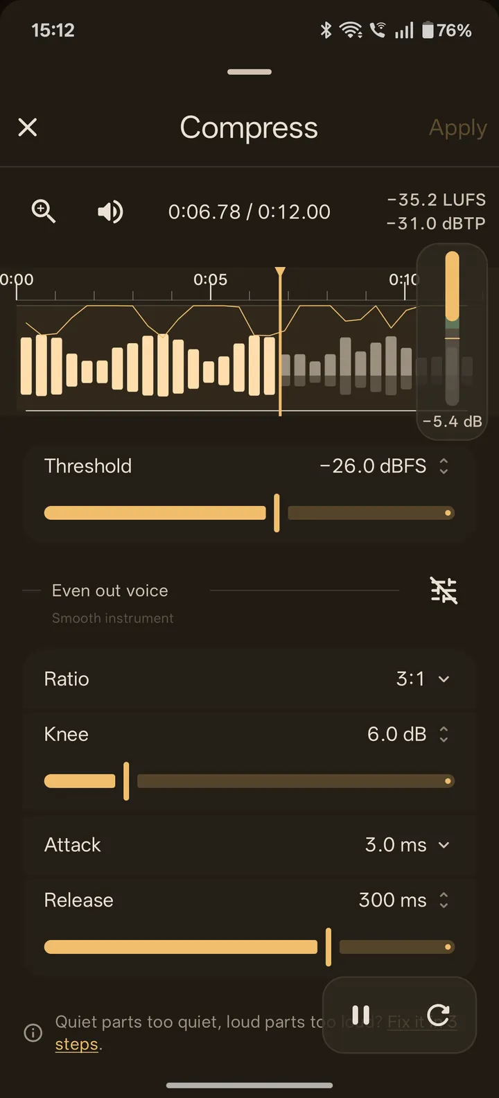 ZEEP Compress on Even out voice with the gain reduction meter in its green zone